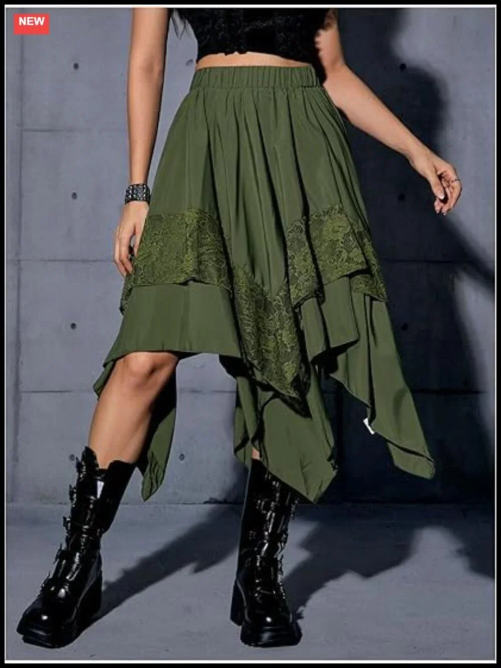Rayon Midi Skirt A-Line High-Low Lace Trim Elastic Waist Casual